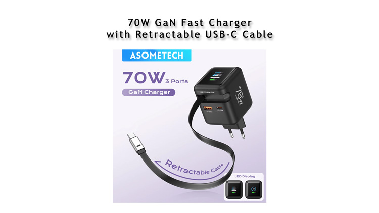 70W GaN Fast Charger with Retractable USB-C Cable