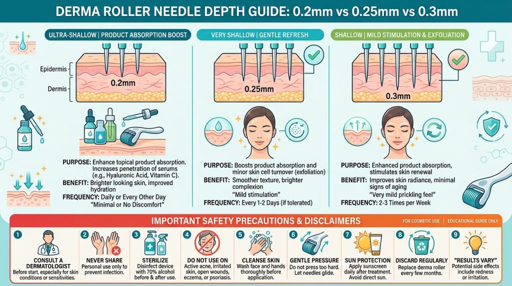 Derma roller needle size guide 0.2mm 0.25mm 0.3mm for beginners