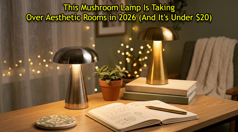 Retro mushroom table lamp glowing warm light on aesthetic bedroom desk