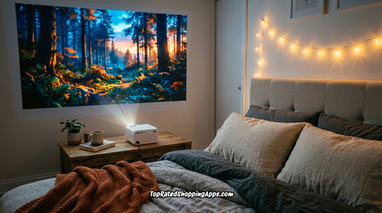 Magcubic HY300 PRO mini projector projecting onto bedroom wall at night